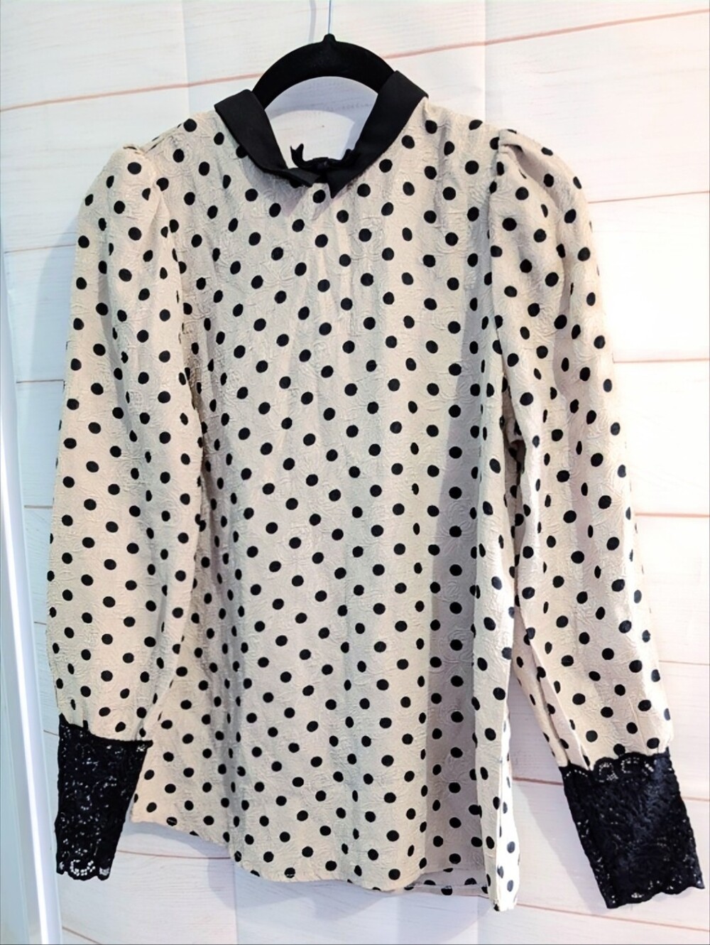 Nwot Polka Dot Black & Cream Long Sleeve Blouse Size Large